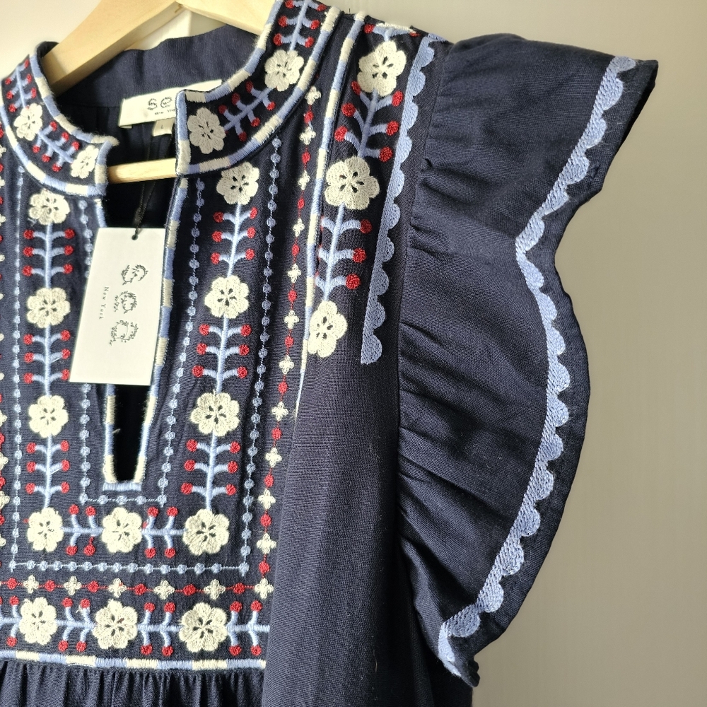 Sea New York Navy Embroidery Flutter Sleeve Mini Dress Sz L NWT - Picture 3 of 9